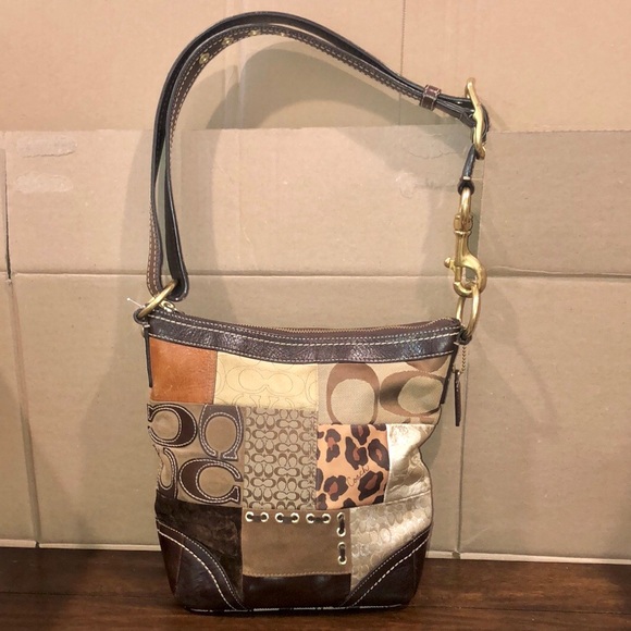 COACH Patchwork Top Zipper Crossbody Shoulder Bag Animal Print Brown Lining - Picture 3 of 17